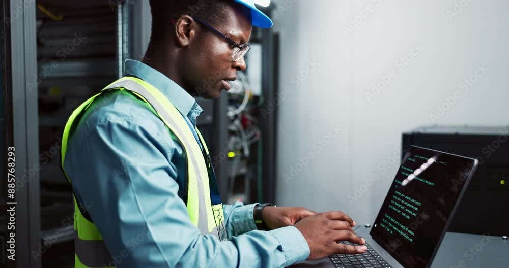 Aufkleber Coding, technician and black man with laptop in server room working in database for business. Digital, electrician and African male person programming with big data on software with technology