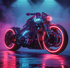 Futuristic Neon-Lit Motorcycle in High-Tech Display Setting 