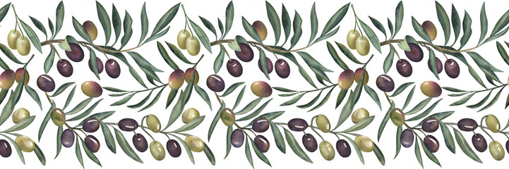 Olives fruit, olive branch, green purple, seamless border, olive oil, food cooking Greece. The illustration is painted in watercolor on a white background. For packaging design, postcard, invitations.