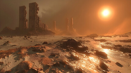 A dystopian solar planet with ruins of a once-great civilization and a dim sun