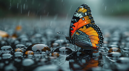 Obraz premium Colorful Butterfly Resting on Wet Stones During Rain 