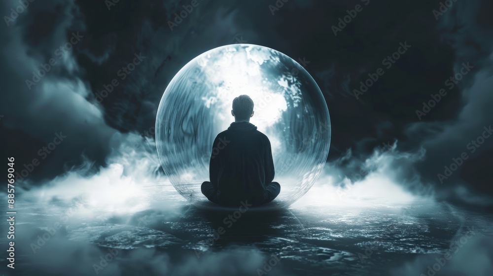 Poster a man sits in a large bubble in the sky. the bubble is surrounded by a hazy mist and the sky is dark
