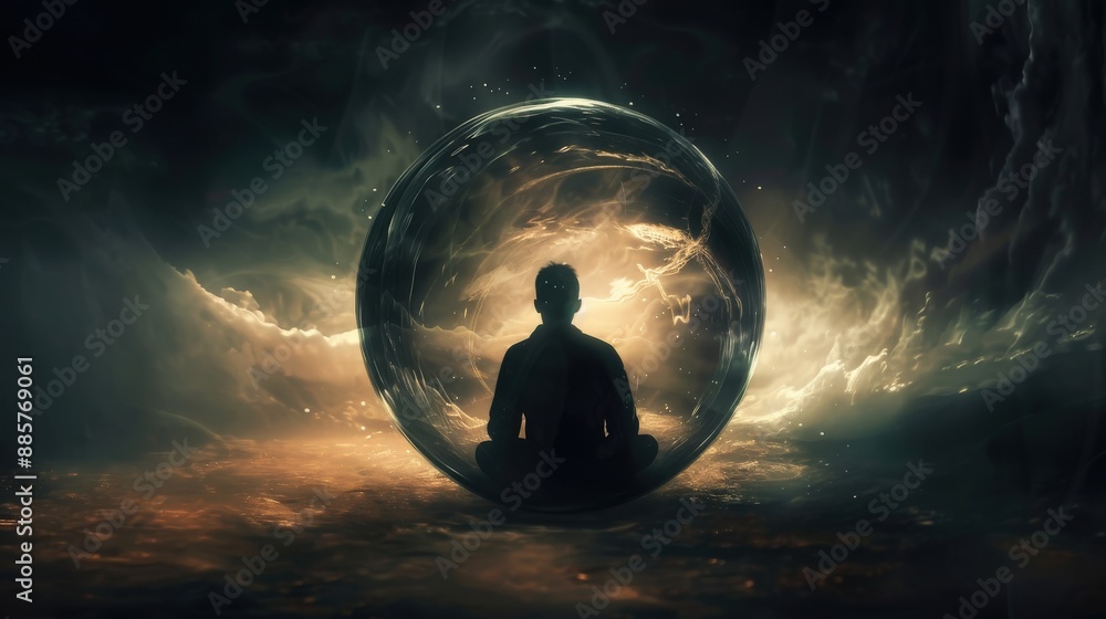 Poster a man sits in a large bubble in the sky. the bubble is surrounded by a hazy mist and the sky is dark