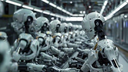 Fototapeta premium A Line of Robots Standing in a Factory Setting