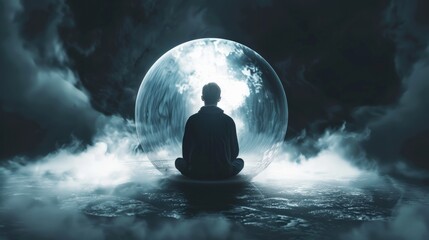 Obraz premium A man sits in a large bubble in the sky. The bubble is surrounded by a hazy mist and the sky is dark. The man is meditating or contemplating something