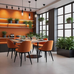 Modern and modern orange-toned restaurant interiors with plant pots arranged everywhere