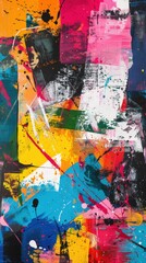 Fototapeta premium Bold abstract artwork with contrasting colors and textures, featuring splashes of paint and layered patterns.