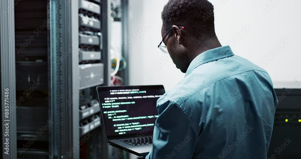 Aufkleber Laptop, data engineer and black man coding on software for cybersecurity in business with server room. Professional, employee and African male person programming on database with technology online