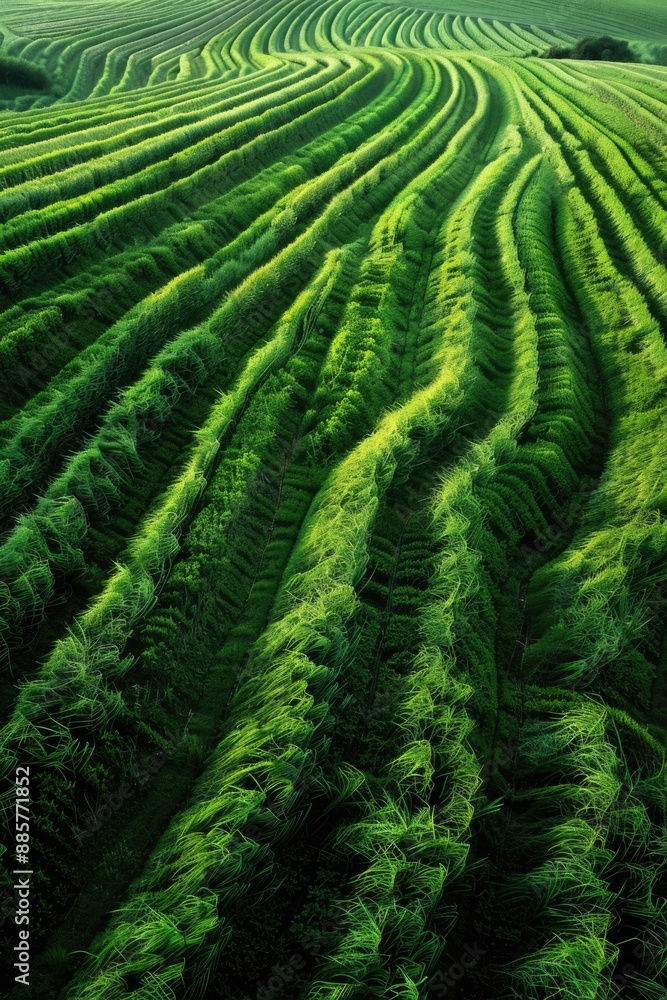 Poster a peaceful scene of a green field with rows of grass, ideal for use in illustrations or graphics