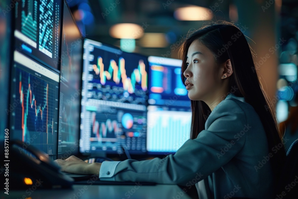 Poster dedicated financial analyst closely monitors stock market data on multiple computer screens in a mod