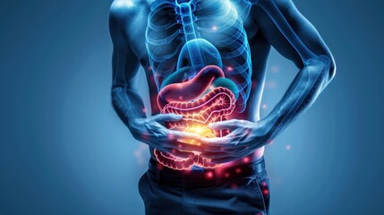 A man is holding his stomach and the stomach is red and inflamed. The image is a representation of the human digestive system and the pain the man is experiencing