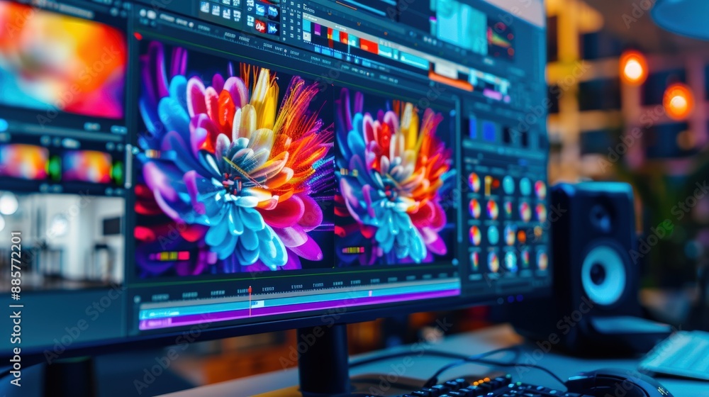 Poster a computer monitor with a large screen with video editing software.