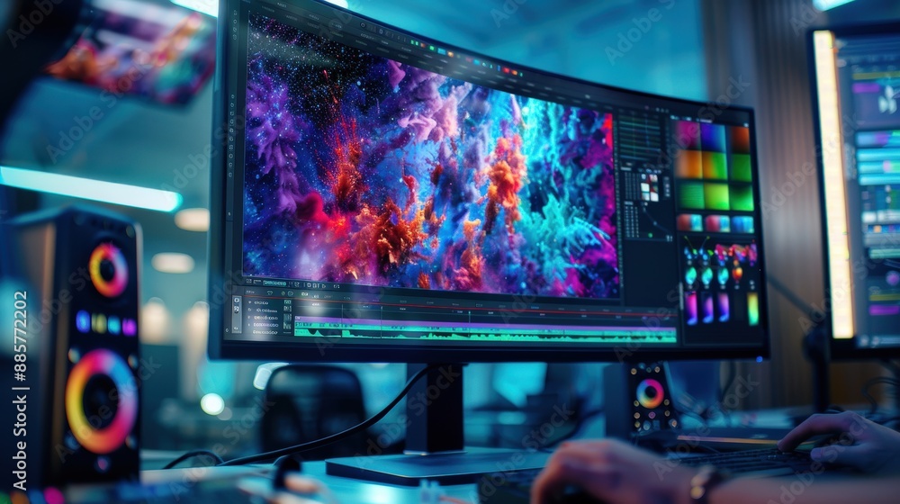 Poster a computer monitor displays a colorful, swirling galaxy. the image is likely from a computer program