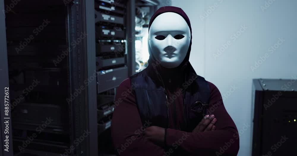Aufkleber Server, hacker and person with mask in dark control room as risk to cybersecurity and data center. Phishing, crime and anonymous thief with ransomware and danger to firewall, database and privacy