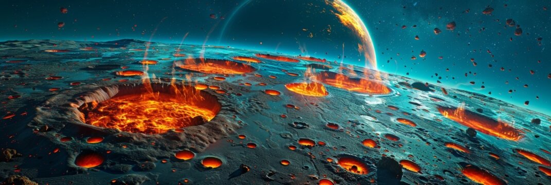 A Volcanic Planet, Pockmarked With Lava Filled Craters, Experiences A Barrage Of Asteroids