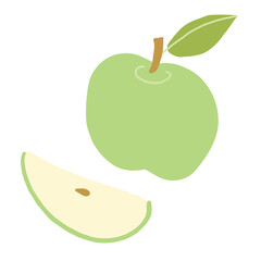 Illustration of a whole green apple with a leaf and a sliced piece on a white background.