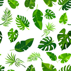 seamless pattern of vibrant green leaves on a white background. Various leaf shapes and sizes create a fresh, natural, and tropical appearance, perfect for eco-friendly or botanical projects