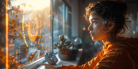 A woman interacts with AI and a quantum computer in her stylish home.