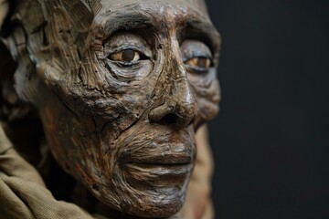 Closeup of a textured, carved wooden face showing intricate details and depth
