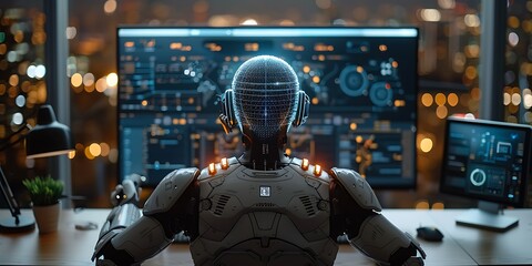 A robot working on a computer in a stylish home office at night.