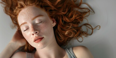 Fototapeta premium A woman with distinctive freckles reclining on her head, possibly relaxing or enjoying the moment