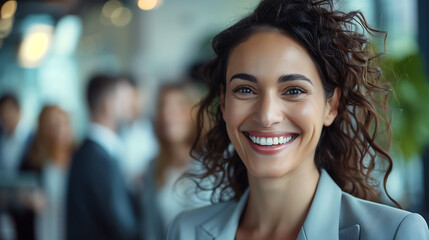 Fototapeta premium portrait of a beautiful smiling business woman in a suit with curly hair, blurred group of people on the background at an office