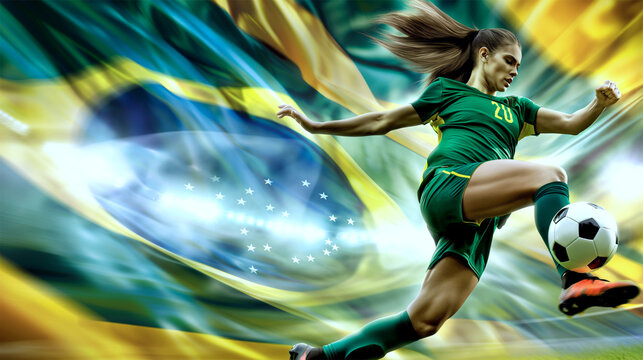 Dynamic Female Brazilian Soccer Player Kicking Ball with Brazilian Flag in Background
 - Powered by Adobe