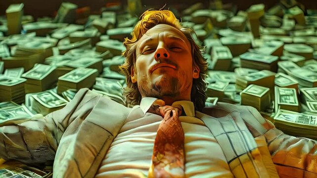 Man in suit lying on a pile of dollar bills