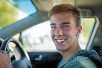 Obraz premium Portrait of a handsome young man driving a car, smiling