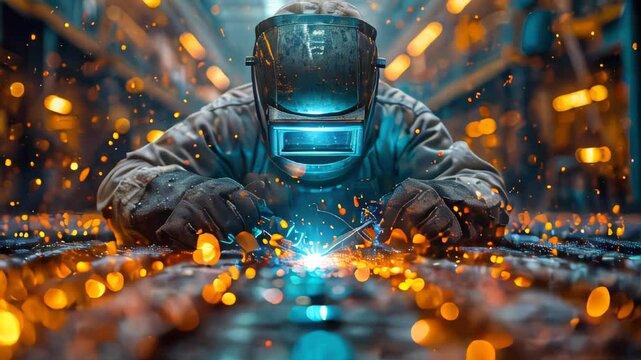 Industrial worker with protective mask welding steel pipe in the factory