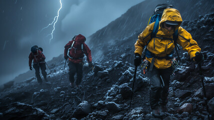 Obraz premium 夏の嵐の中、富士山を登る登山者