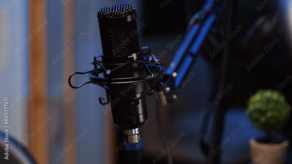 Poster zoom in shot of high tech microphone used to produce quality online show for livestreaming channel. 