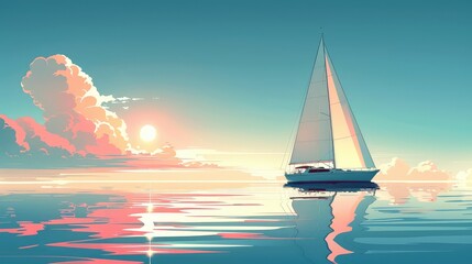 Sailing into the Horizon: Tranquil Seascape with Sun and Sailboat