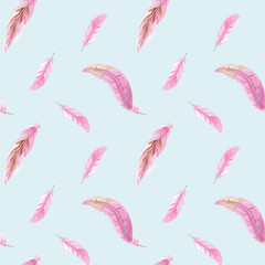 Fototapeta premium Seamless Pattern of pink Feathers. Watercolor Illustration on blue Background. Hand drawn. Can be used for fabric, textile and packaging prints.