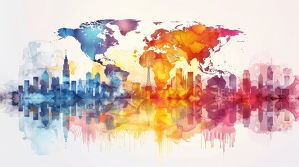 Dynamic Cityscape with World Map Backdrop