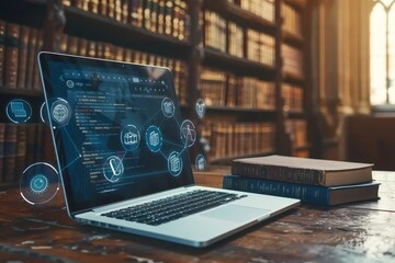 Laptop Showing Machine Learning Code and Data Analysis in a Traditional Library Setting