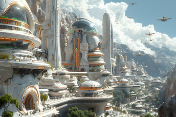  A futuristic solar planet with flying vehicles and high-tech architecture