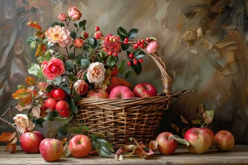 A serene still life composition featuring ripe apples and blooming flowers in a woven basket © ylivdesign