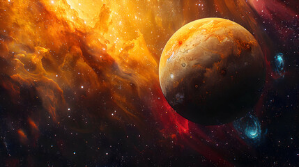  A solar planet depicted in a cosmic setting with swirling galaxies and vibrant colors