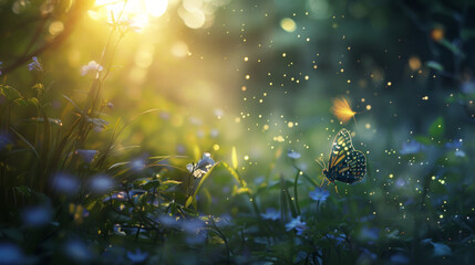 A delicate enchanted woodland path landscape forest glowing sunlight clearing mystical magical healing fairyland trees ambience meditation spiritual journey environment copy space nature background