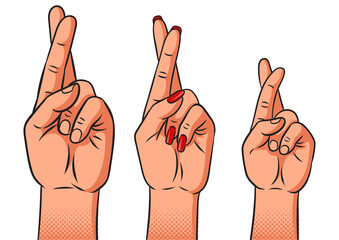 Family crossed fingers pop art retro PNG illustration. Comic book style imitation.
