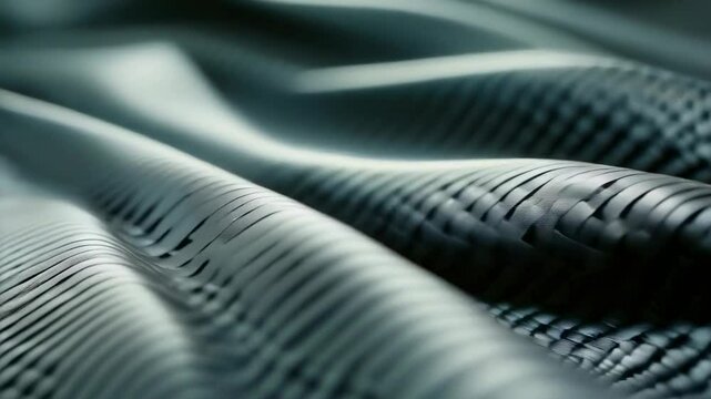 A detailed close-up of woven carbon fiber fabric, featuring intricate textures and smooth waves. The image showcases the unique pattern and glossy surface of the material. No people or animals