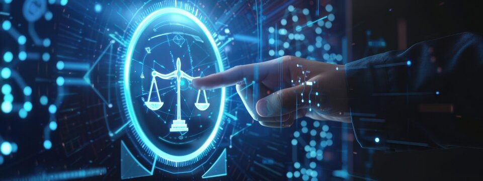 Man touching virtual scales of justice icon on digital screen, futuristic business concept for law and technology law service or paralegal work in cyber space with copy place area Generative AI