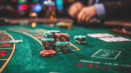 A high-resolution photograph of a casino blackjack table, detailed cards, chips