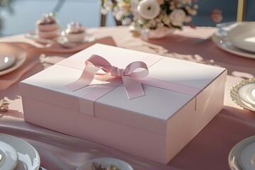 A dynamic mockup of a blank gift box with a ribbon on a beautifully set table, perfect for luxury and celebration product branding