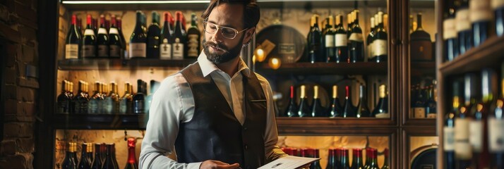 A sommelier in industry attire stands before a wine shelf, exuding expertise and passion
