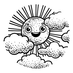 Funny cartoon sun sketch engraving PNG illustration. Scratch board imitation. Black and white hand drawn image.