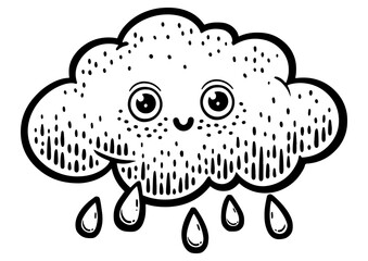 cartoon funny cloud with rain sketch engraving PNG illustration. Scratch board imitation. Black and white hand drawn image.