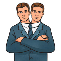 two headed businessman pop art retro PNG illustration. Comic book style imitation.