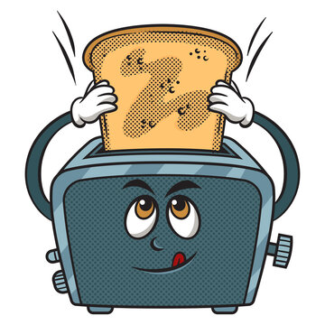 recommend clip art: cartoon cute toaster inserts bread into itself pop art retro PNG illustration. Comic book style imitation.
